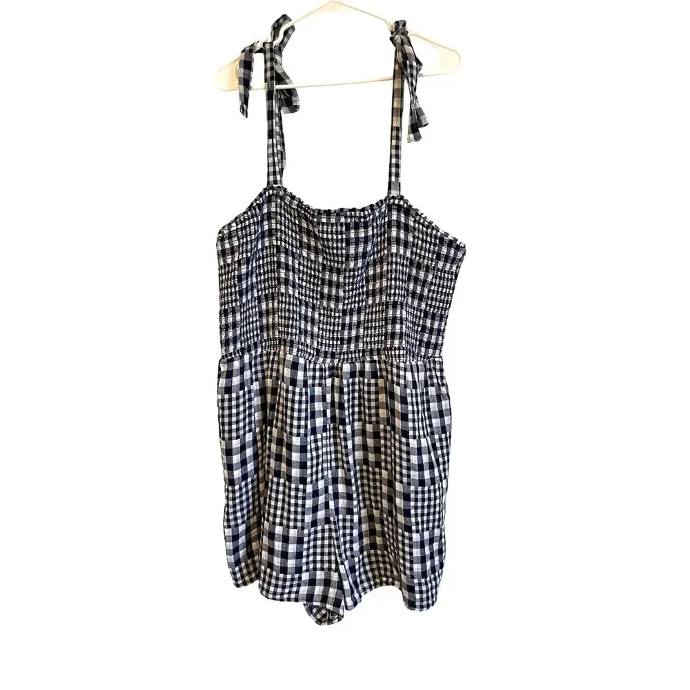 Old Navy Blue Gingham Patchwork Romper Sleeveless Smocking Cotton Pockets 2X